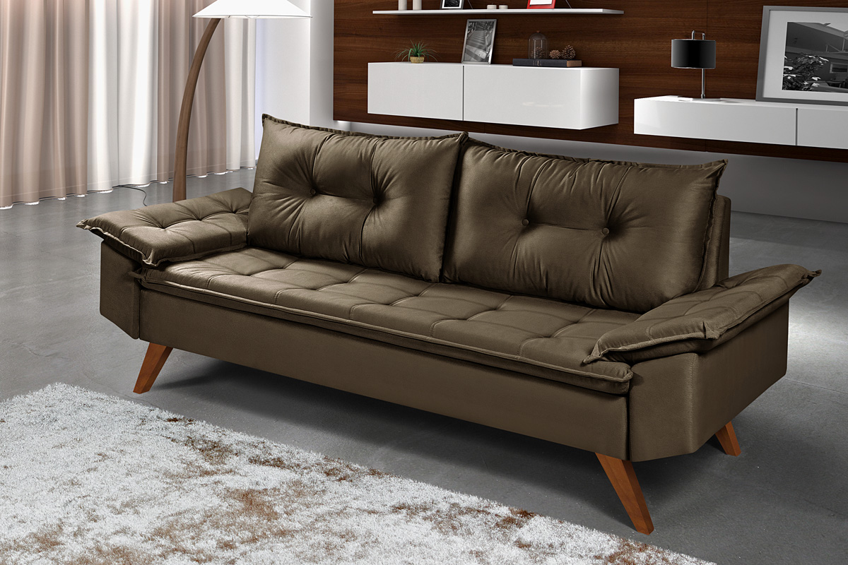 Sofa Retro Bariloche 3 Lugares Tecido Suede Pes em Madeira