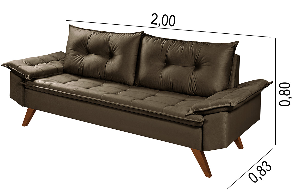 Sofa Retro Bariloche 3 Lugares Tecido Suede Pes em Madeira