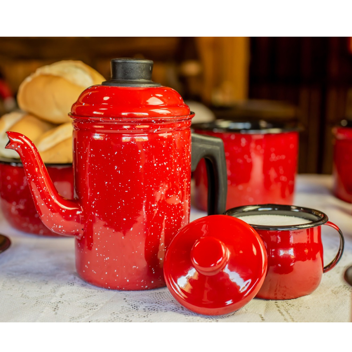 Açucareiro Esmaltado Ágata 500ml Porta Açúcar Com Tampa E Alças Laterais Vermelho