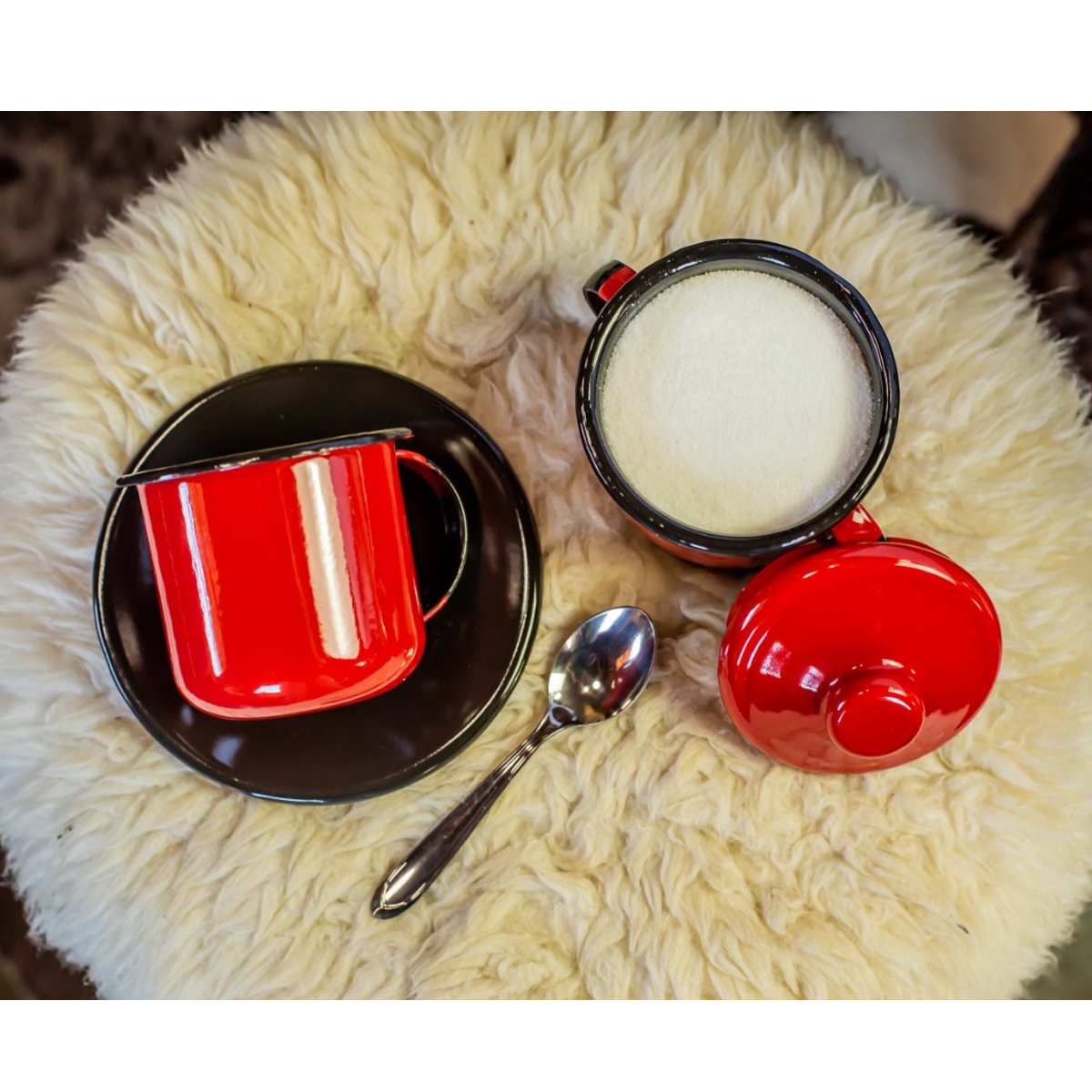 Açucareiro Esmaltado Ágata 500ml Porta Açúcar Com Tampa E Alças Laterais Vermelho