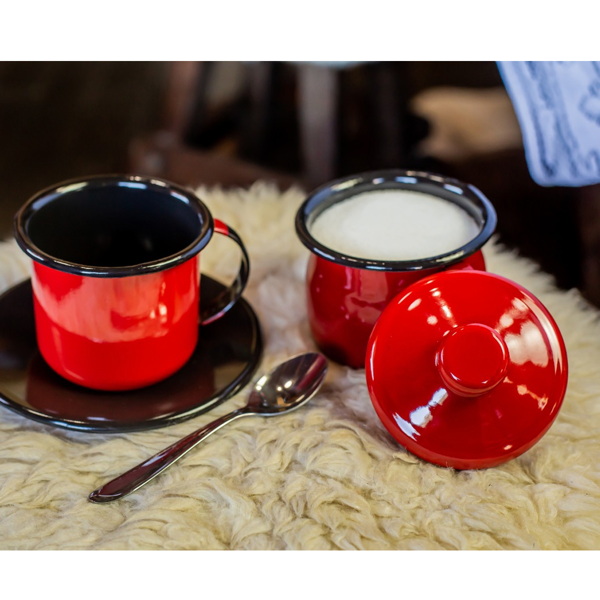 Açucareiro Esmaltado Ágata 500ml Porta Açúcar Com Tampa E Alças Laterais Vermelho
