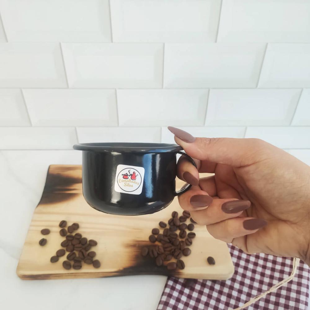 Caneca Esmaltada com Alça Preta Xícara em Ágata para Café 200ml Esmaltados Silva