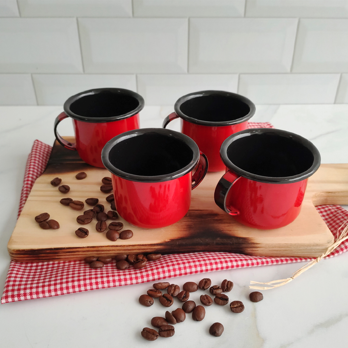 Jogo 4 Canecas Esmaltadas Retrô Vermelhas 90ml Xícaras Ágata Para Café Chá