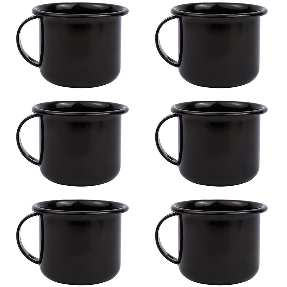 Jogo 6 Canecas Esmaltadas Pequenas Pretas Com Alças 90ml Xícaras Ágata Para Café