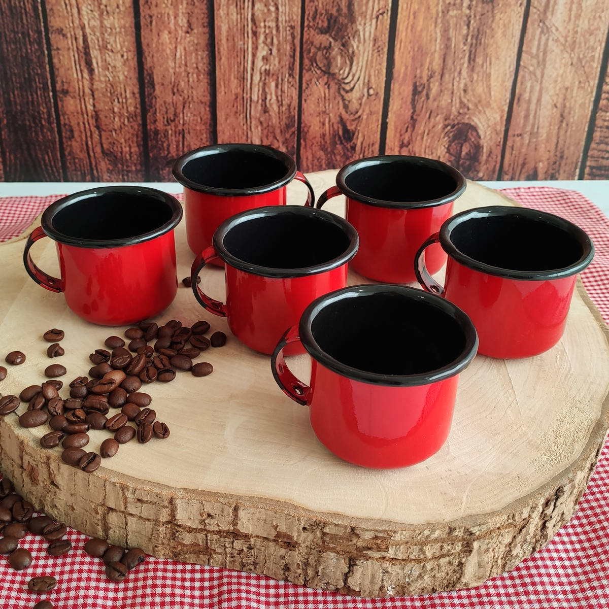 Jogo 6 Canecas Esmaltadas Pequenas Vermelhas Com Alças 90ml Xícaras Ágata Para Café