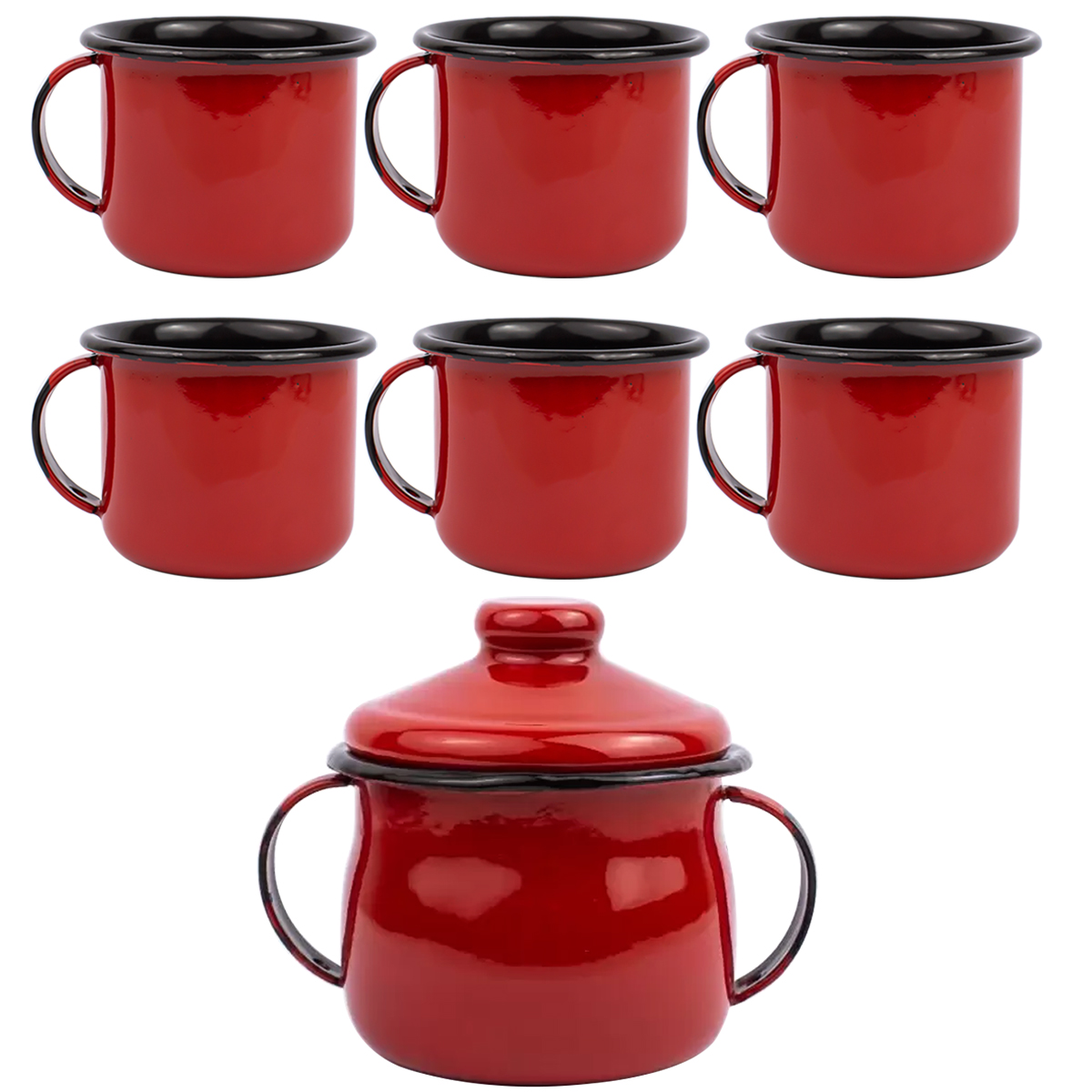 Jogo De Café Esmaltado 6 Xícaras De Ágata 90ml E Açucareiro Esmaltado 500ml Vermelho