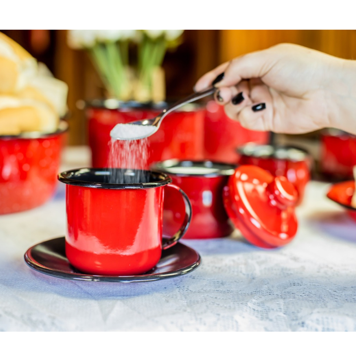 Jogo De Café Esmaltado 6 Xícaras De Ágata 90ml E Açucareiro Esmaltado 500ml Vermelho