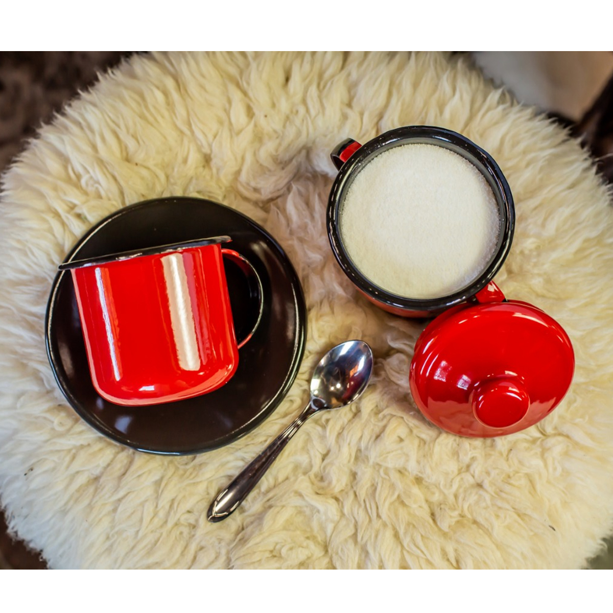 Jogo De Café Esmaltado 6 Xícaras De Ágata 90ml E Açucareiro Esmaltado 500ml Vermelho