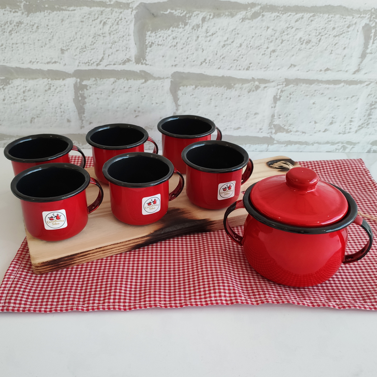 Jogo De Café Esmaltado 6 Xícaras De Ágata 90ml E Açucareiro Esmaltado 500ml Vermelho