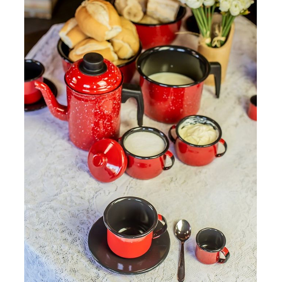 Jogo De Café Esmaltado 6 Xícaras De Ágata 90ml E Açucareiro Esmaltado 500ml Vermelho