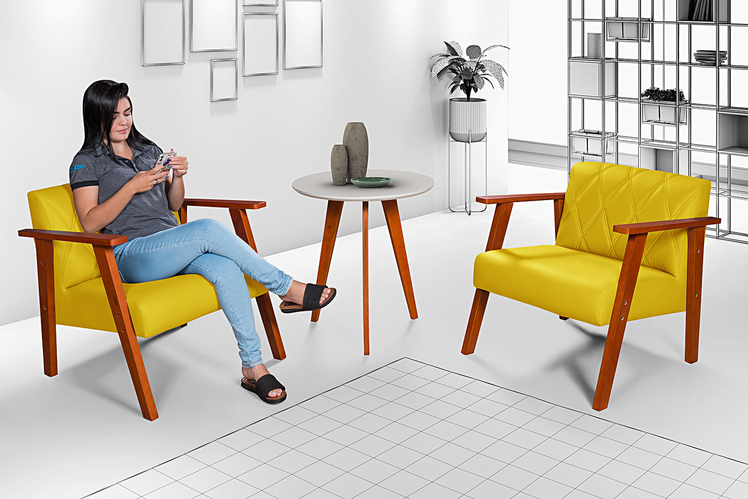 Conjunto Duas Poltrona Madri em Courino Mais Mesinha Lateral