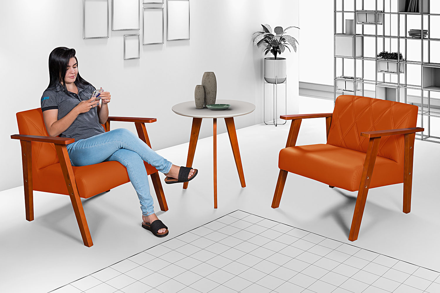 Conjunto Duas Poltrona Madri em Courino Mais Mesinha Lateral
