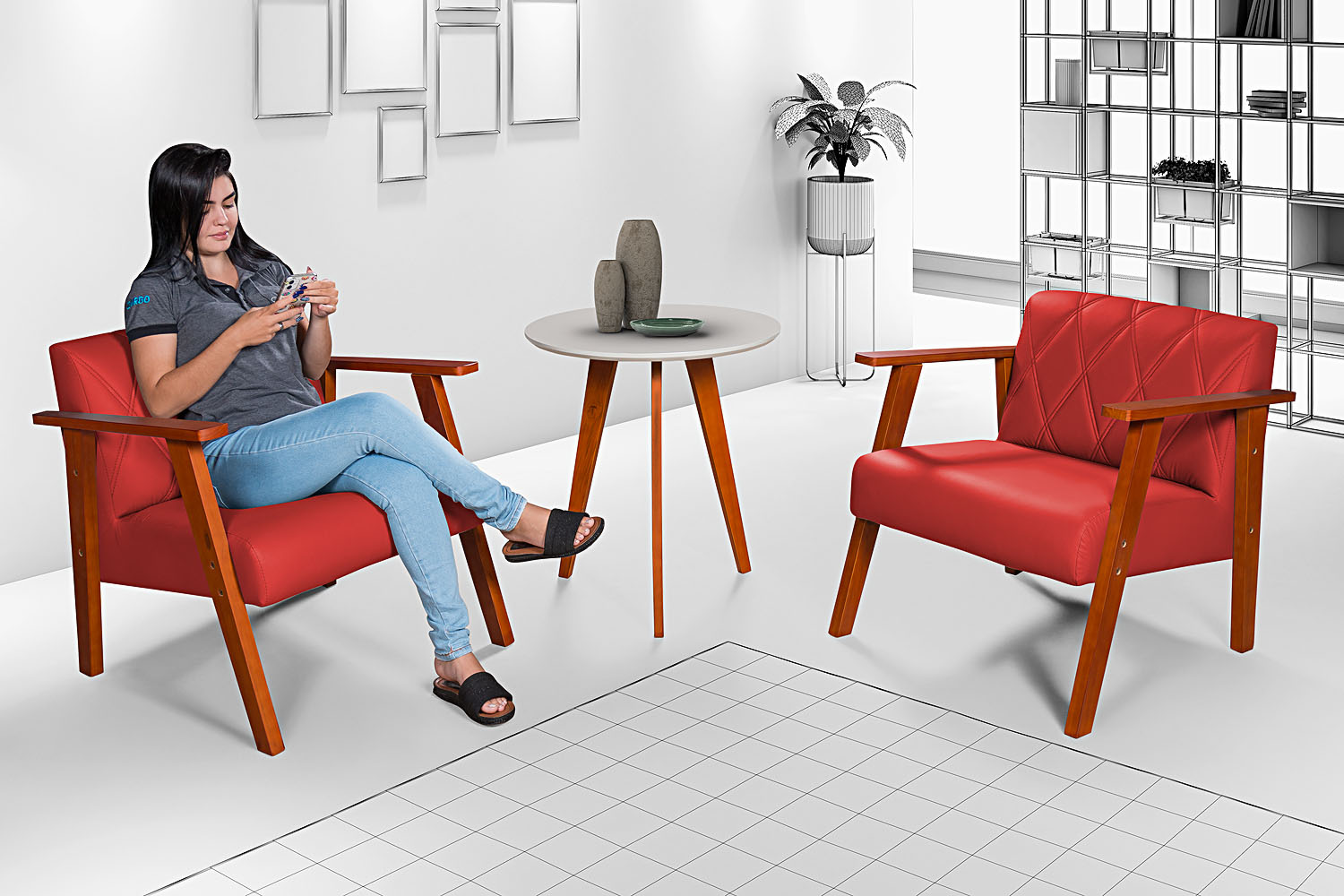 Conjunto Duas Poltrona Madri em Courino Mais Mesinha Lateral