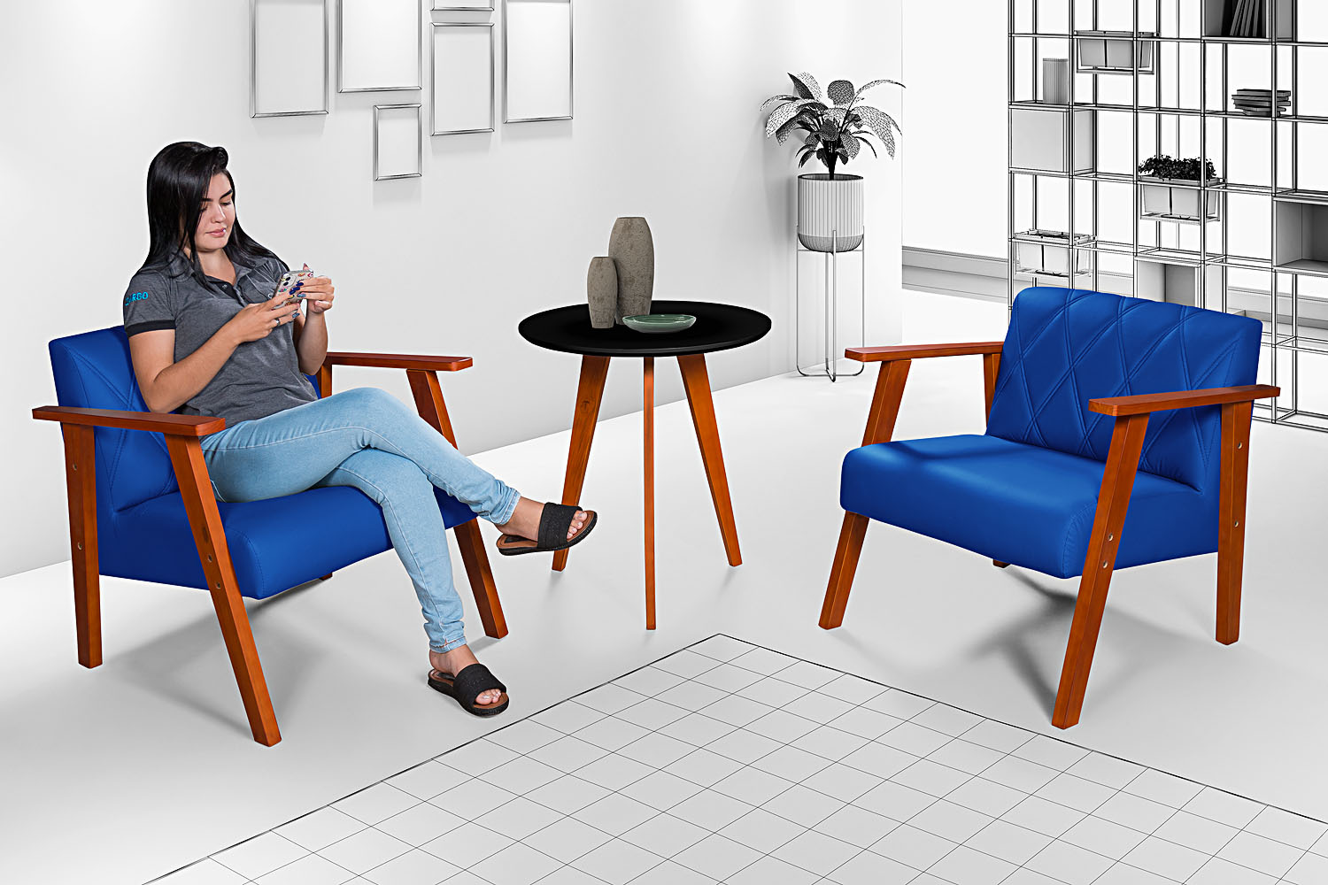 Conjunto Duas Poltrona Madri em Courino Mais Mesinha Lateral