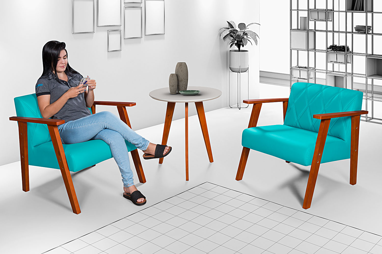 Conjunto Duas Poltrona Madri em Courino Mais Mesinha Lateral