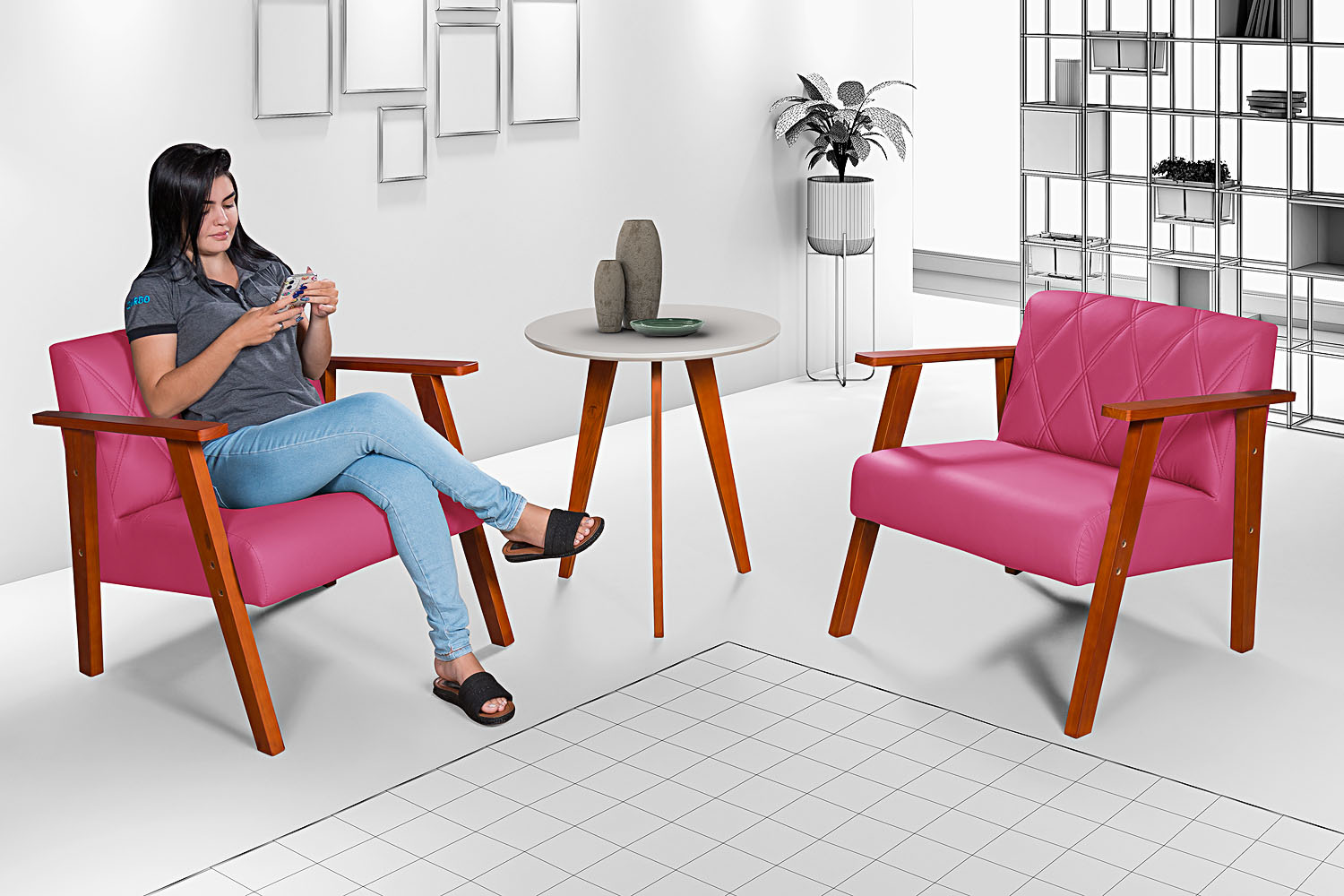Conjunto Duas Poltrona Madri em Courino Mais Mesinha Lateral