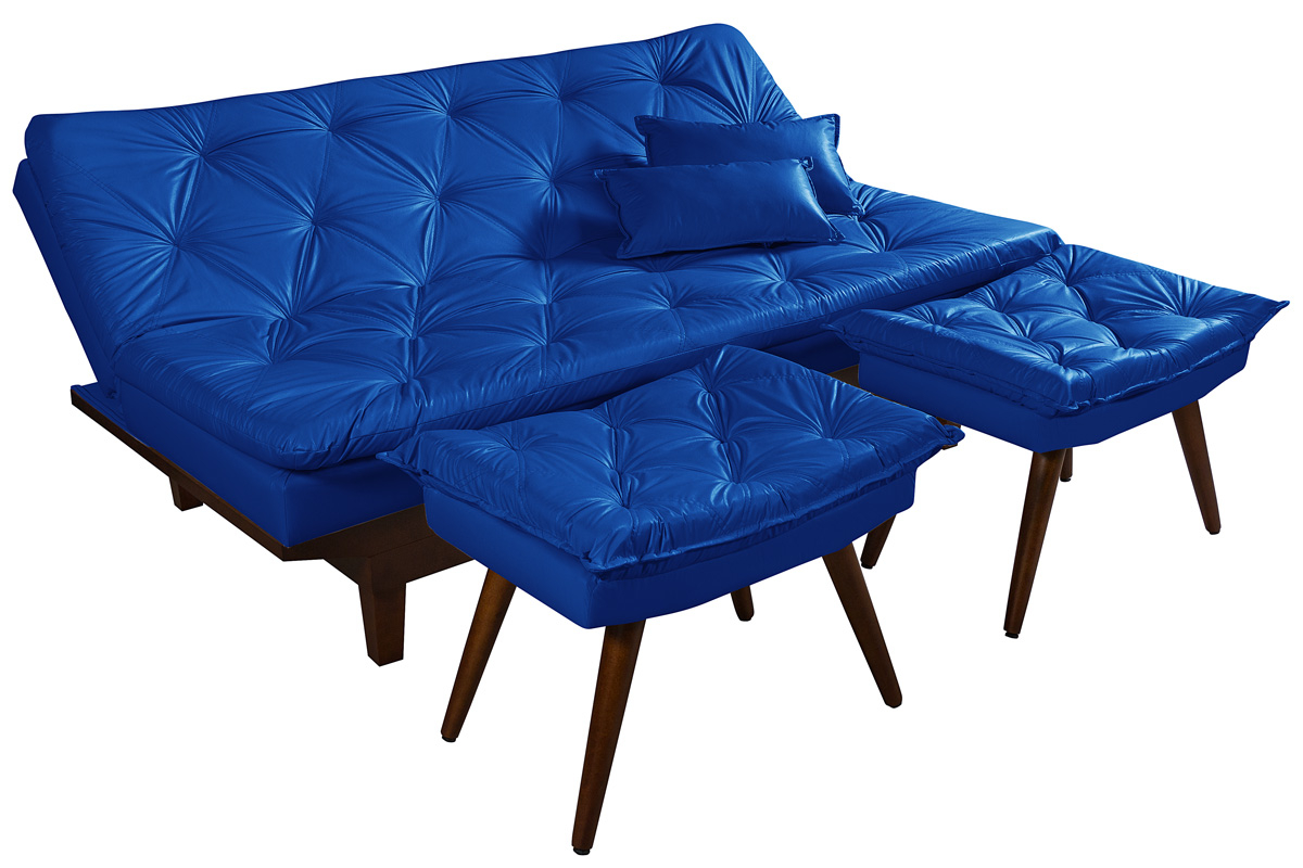 Kit Sofa Cama Caribe + 2 banquetas Rubi Courino Azul Marinho Couro Sintetico Essencial Estofados