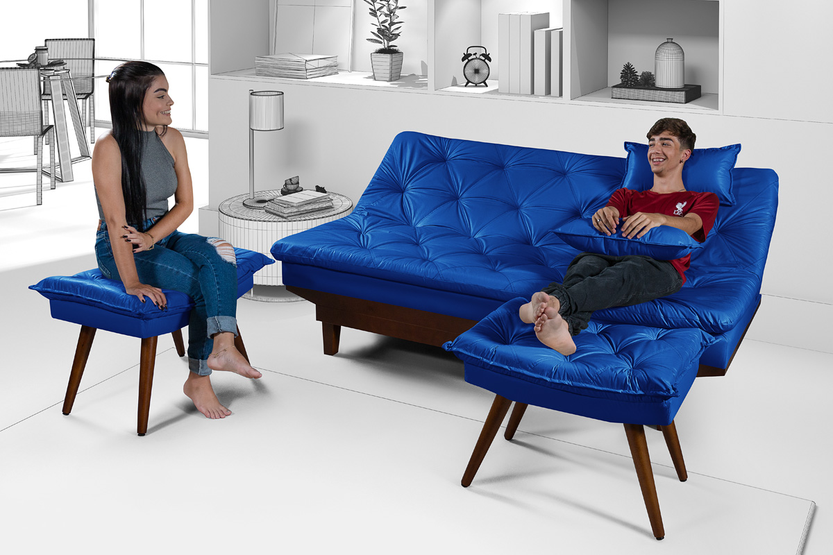 Kit Sofa Cama Caribe + 2 banquetas Rubi Courino Azul Marinho Couro Sintetico Essencial Estofados