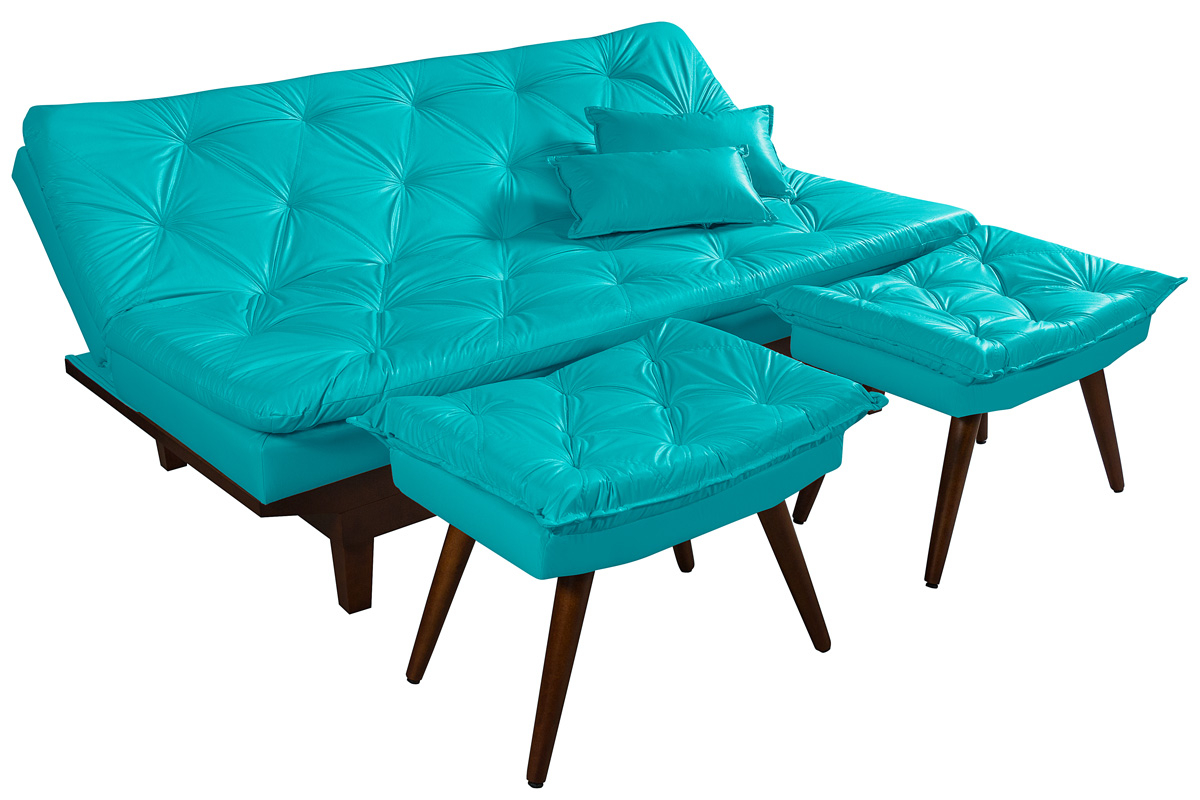 Kit Sofa Cama Caribe + 2 banquetas Rubi Courino Azul Turquesa Couro Sintetico Essencial Estofados