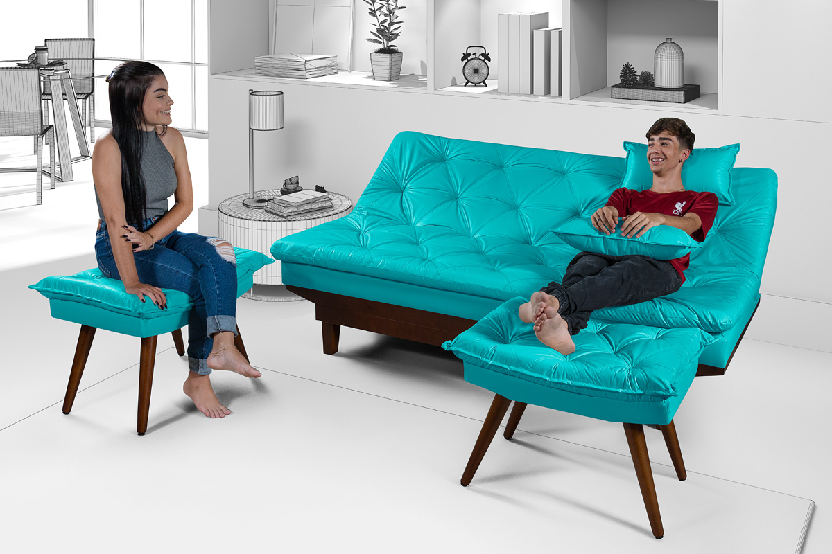 Kit Sofa Cama Caribe + 2 banquetas Rubi Courino Azul Turquesa Couro Sintetico Essencial Estofados