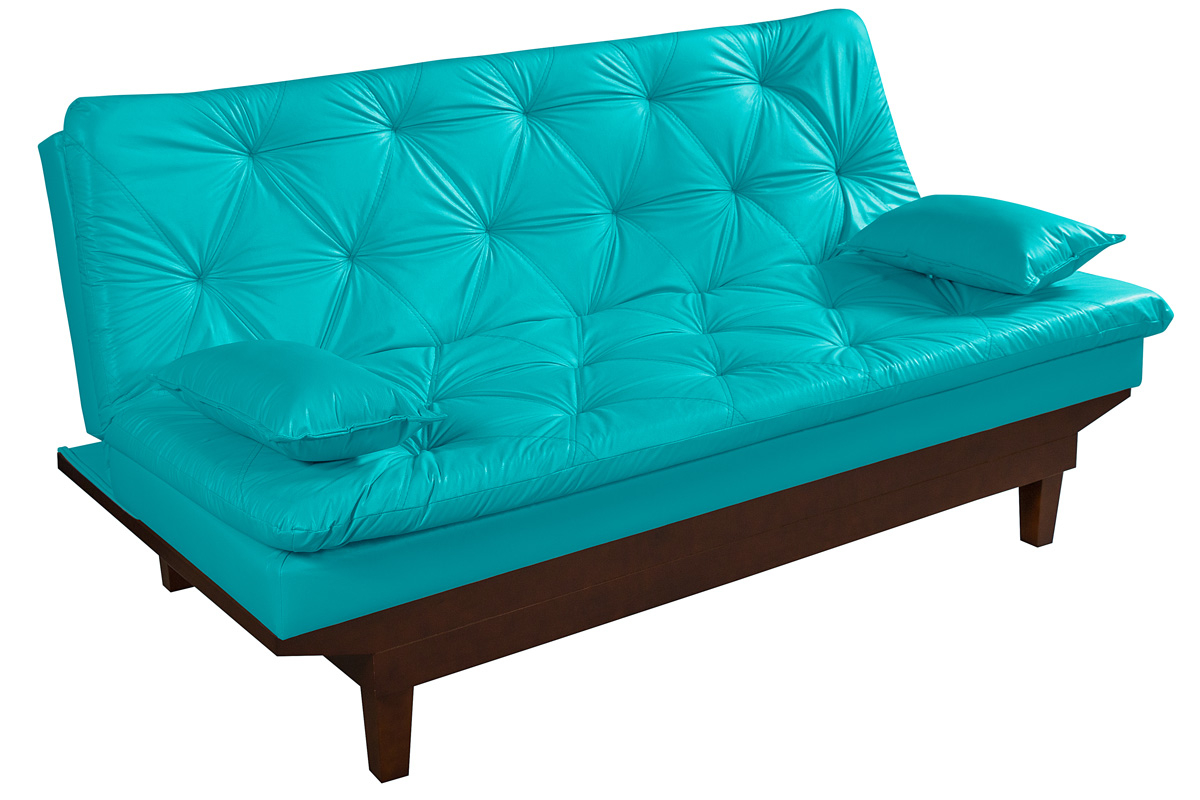 Kit Sofa Cama Caribe + 2 banquetas Rubi Courino Azul Turquesa Couro Sintetico Essencial Estofados