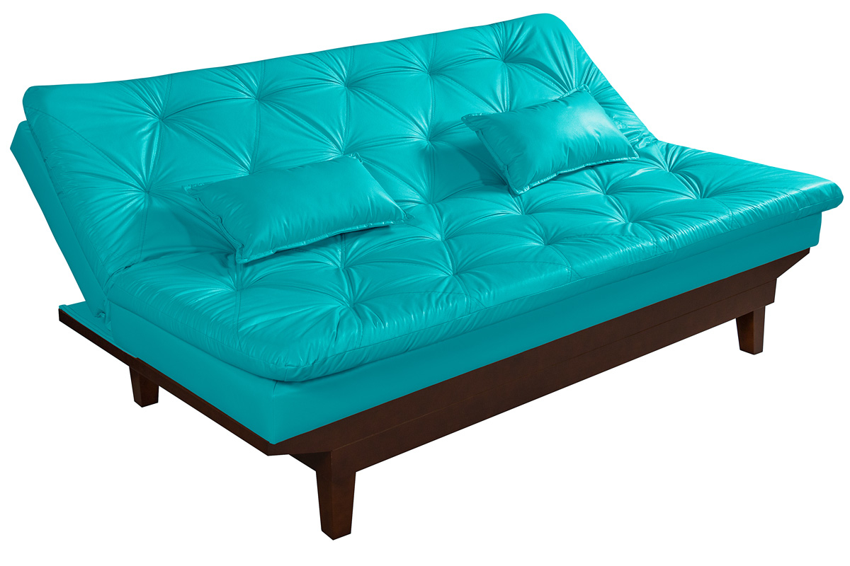 Kit Sofa Cama Caribe + 2 banquetas Rubi Courino Azul Turquesa Couro Sintetico Essencial Estofados