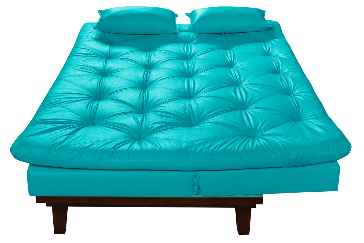 Kit Sofa Cama Caribe + 2 banquetas Rubi Courino Azul Turquesa Couro Sintetico Essencial Estofados