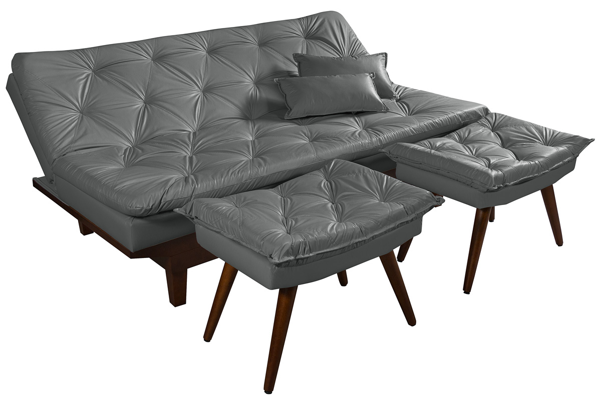 Kit Sofa Cama Caribe + 2 banquetas Rubi Courino Cinza Couro Sintetico Essencial Estofados