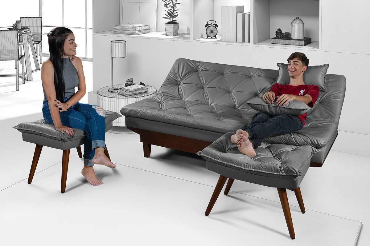 Kit Sofa Cama Caribe + 2 banquetas Rubi Courino Cinza Couro Sintetico Essencial Estofados