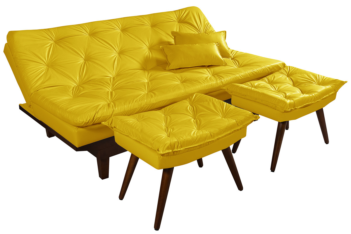 Kit Sofa Cama Caribe + 2 banquetas Rubi Courino Couro Sintetico Amarelo Essencial Estofados