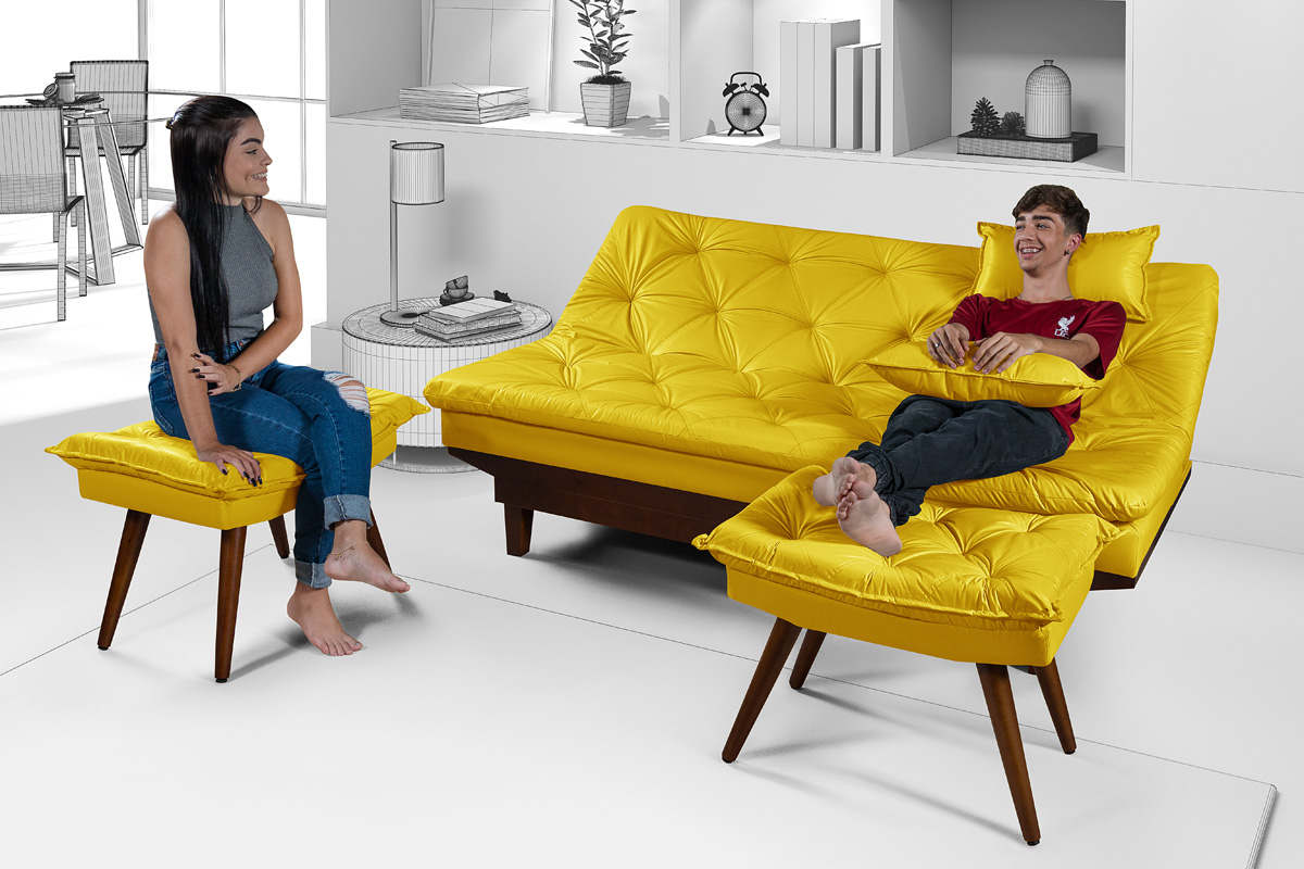 Kit Sofa Cama Caribe + 2 banquetas Rubi Courino Couro Sintetico Amarelo Essencial Estofados