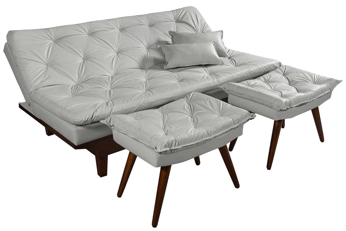 Kit Sofa Cama Caribe + 2 banquetas Rubi Courino Gelo Couro Sintetico Essencial Estofados