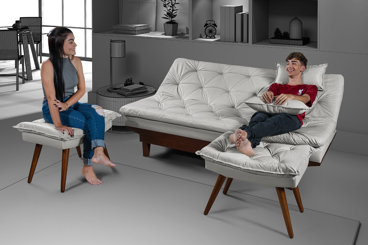 Kit Sofa Cama Caribe + 2 banquetas Rubi Courino Gelo Couro Sintetico Essencial Estofados