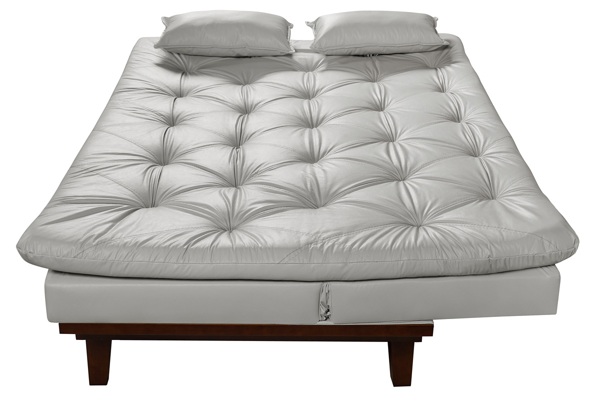 Kit Sofa Cama Caribe + 2 banquetas Rubi Courino Gelo Couro Sintetico Essencial Estofados