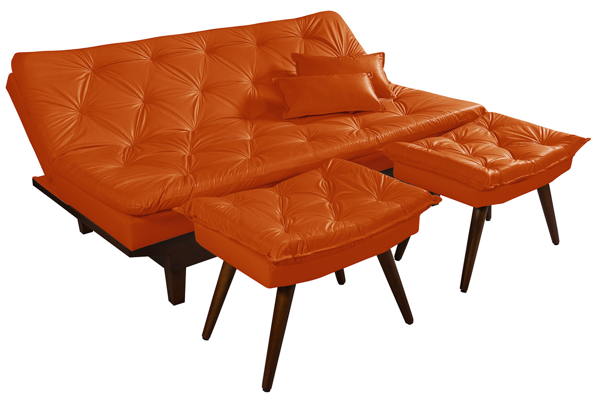 Kit Sofa Cama Caribe + 2 banquetas Rubi Courino Laranja Couro Sintetico Essencial Estofados