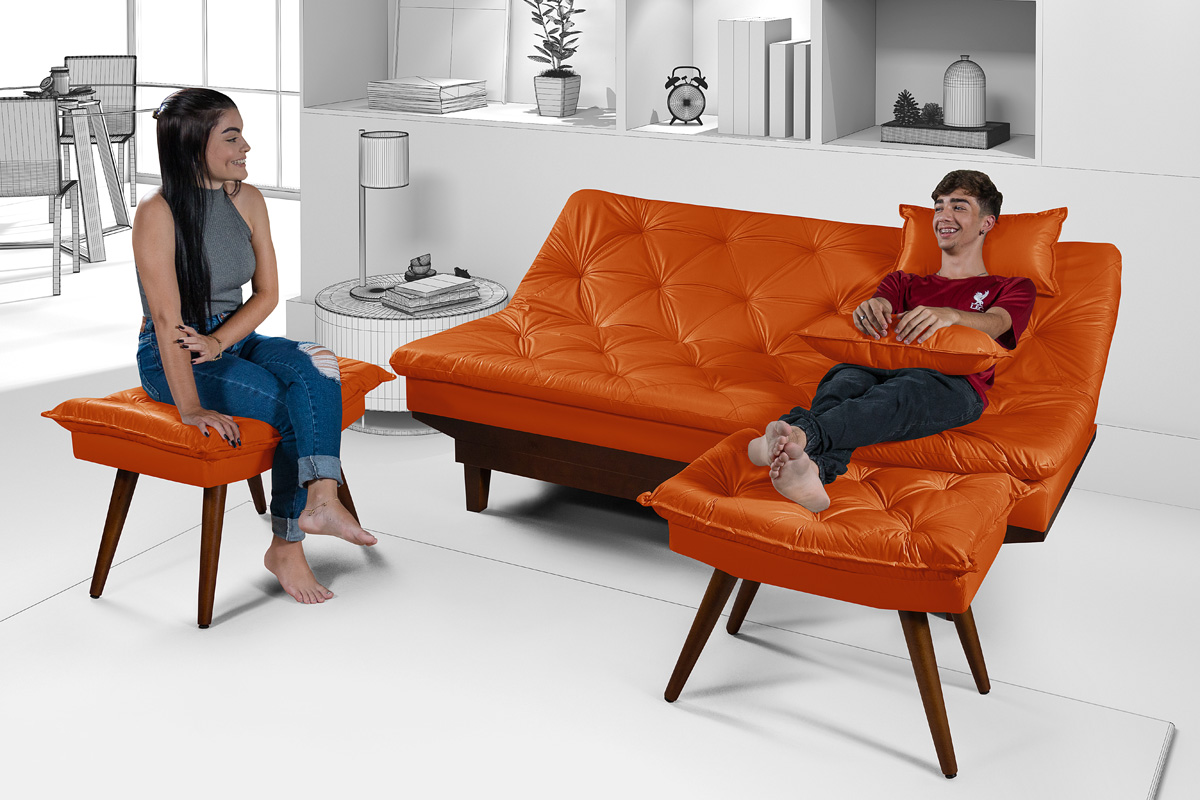 Kit Sofa Cama Caribe + 2 banquetas Rubi Courino Laranja Couro Sintetico Essencial Estofados