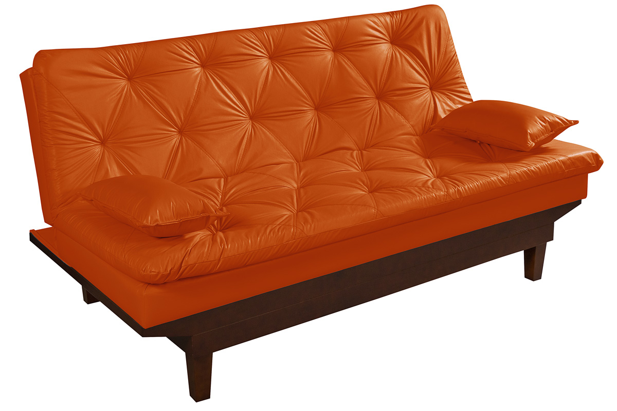Kit Sofa Cama Caribe + 2 banquetas Rubi Courino Laranja Couro Sintetico Essencial Estofados