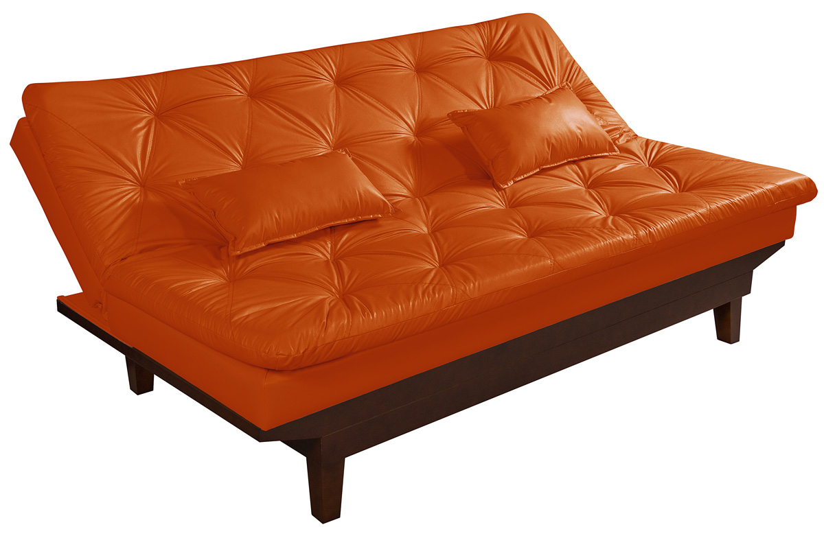 Kit Sofa Cama Caribe + 2 banquetas Rubi Courino Laranja Couro Sintetico Essencial Estofados