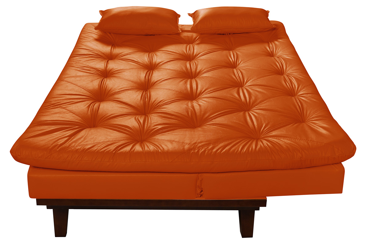 Kit Sofa Cama Caribe + 2 banquetas Rubi Courino Laranja Couro Sintetico Essencial Estofados