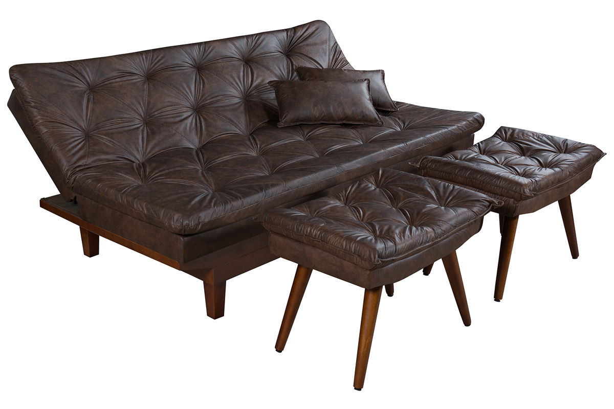 Kit Sofa Cama Caribe + 2 banquetas Rubi Courino Marrom Couro Sintetico Essencial Estofados