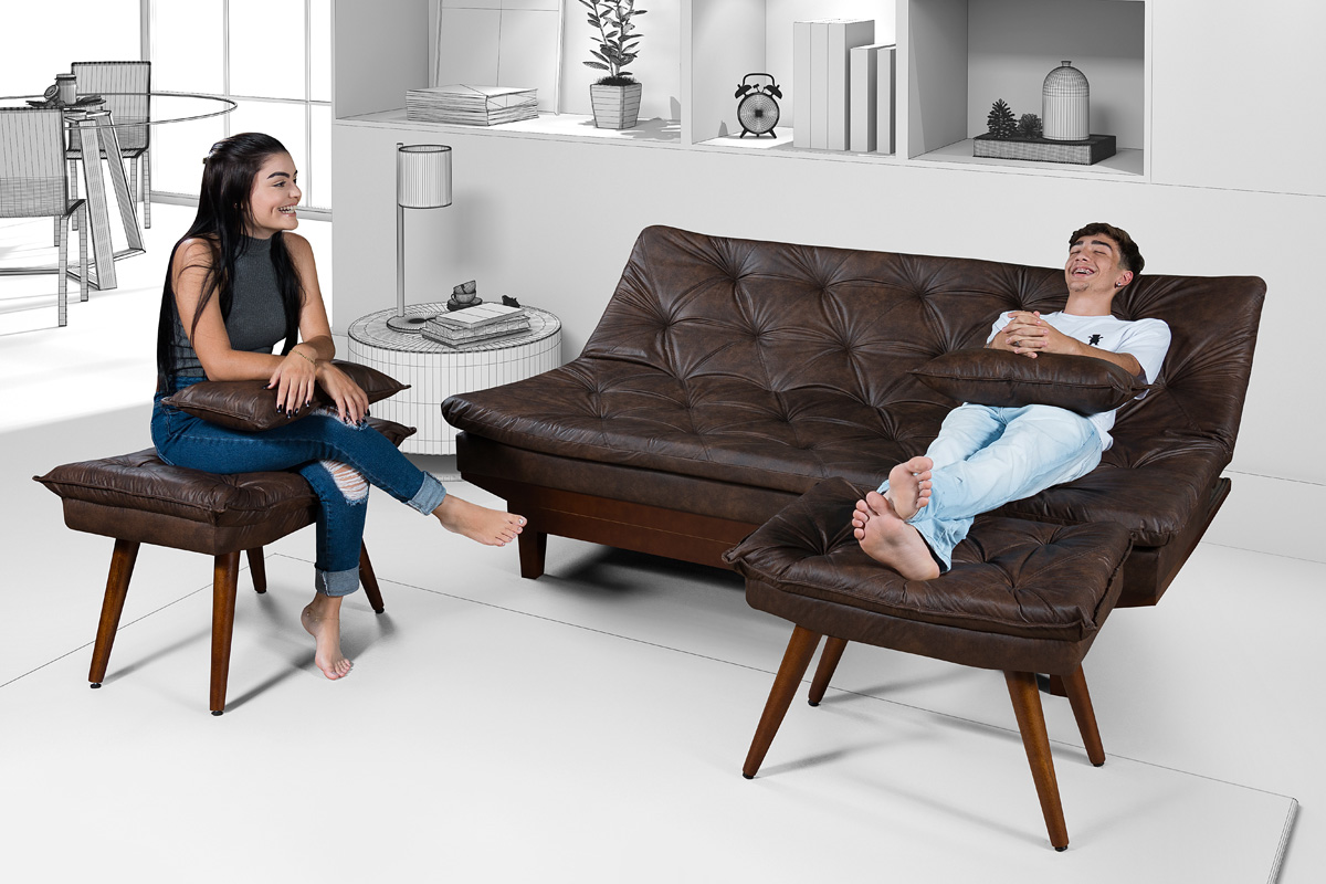 Kit Sofa Cama Caribe + 2 banquetas Rubi Courino Marrom Couro Sintetico Essencial Estofados