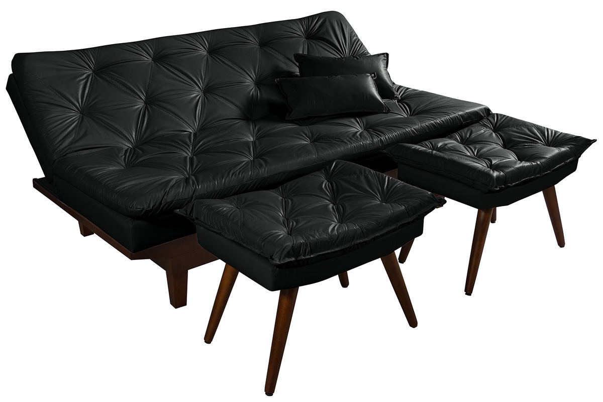 Kit Sofa Cama Caribe + 2 banquetas Rubi Courino Preto Couro Sintetico Essencial Estofados