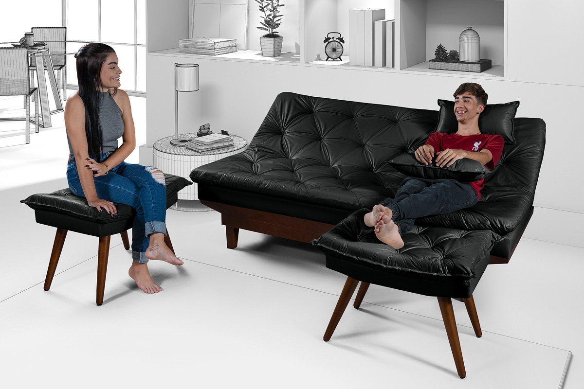 Kit Sofa Cama Caribe + 2 banquetas Rubi Courino Preto Couro Sintetico Essencial Estofados