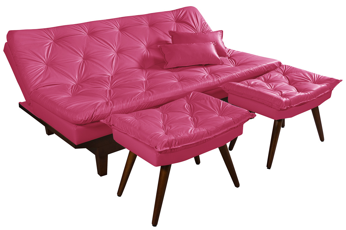 Kit Sofa Cama Caribe + 2 banquetas Rubi Courino Rosa Couro Sintetico Essencial Estofados