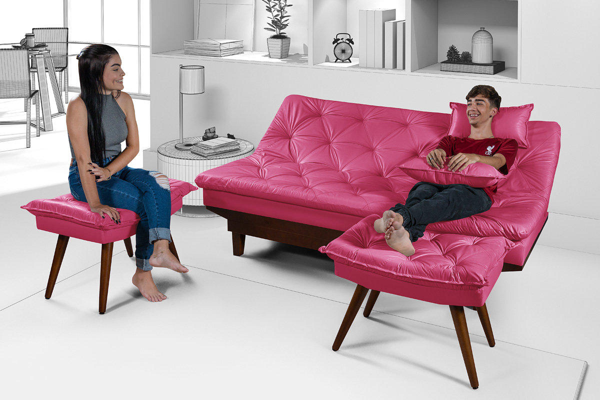 Kit Sofa Cama Caribe + 2 banquetas Rubi Courino Rosa Couro Sintetico Essencial Estofados