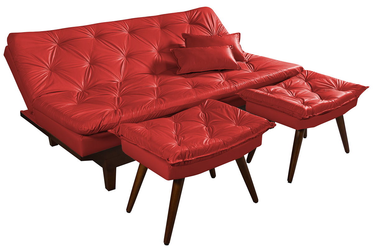 Kit Sofa Cama Caribe + 2 banquetas Rubi Courino Vermelho Couro Sintetico Essencial Estofados