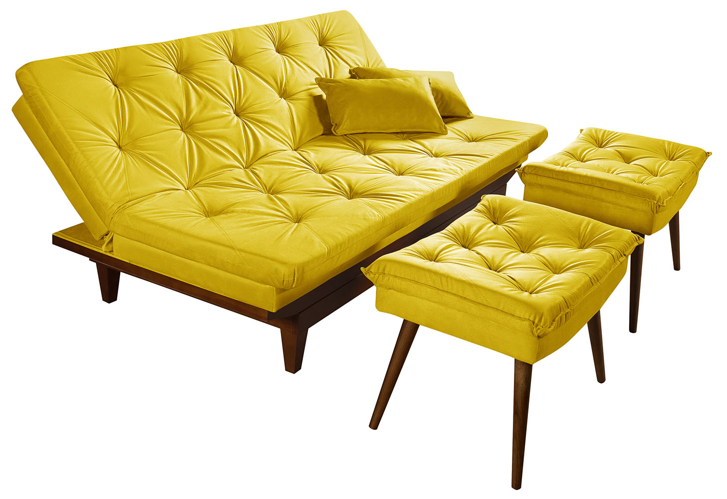 Kit Sofa Cama Caribe + 2 banquetas Rubi Suede Amarelo Essencial Estofados