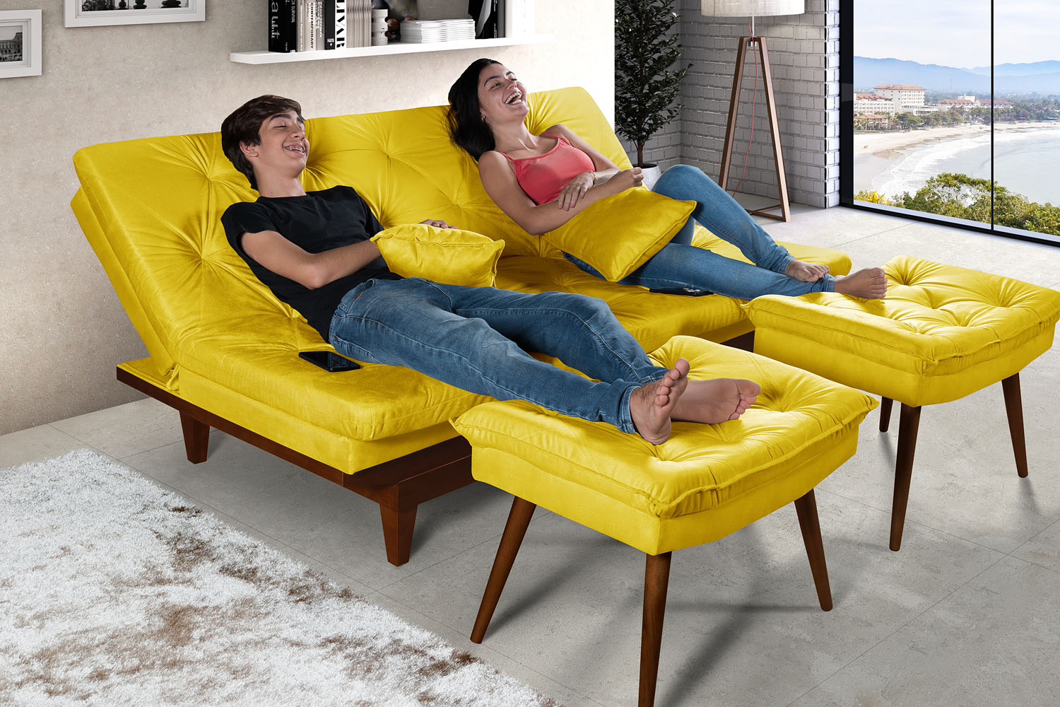 Kit Sofa Cama Caribe + 2 banquetas Rubi Suede Amarelo Essencial Estofados