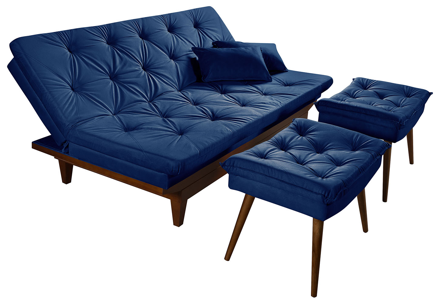 Kit Sofa Cama Caribe + 2 banquetas Rubi Suede Azul Marinho Essencial Estofados