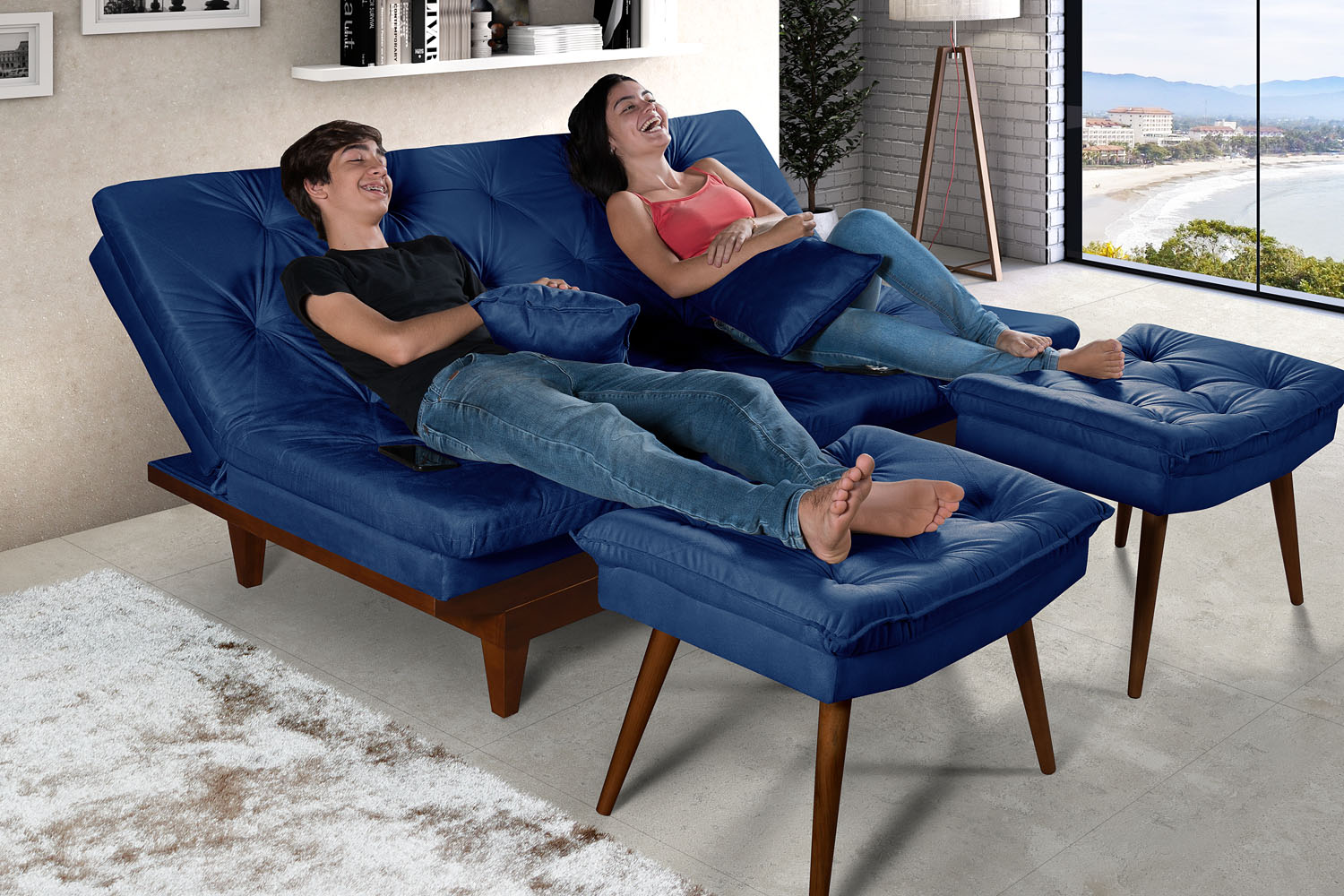 Kit Sofa Cama Caribe + 2 banquetas Rubi Suede Azul Marinho Essencial Estofados